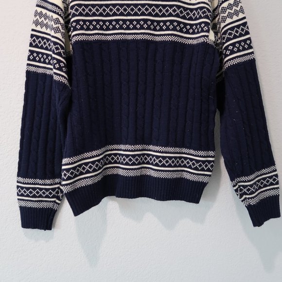 JCPenney Sweater Vintage Mens Knit Top Fair Isle Retro Crewneck Blue White M - Picture 10 of 14